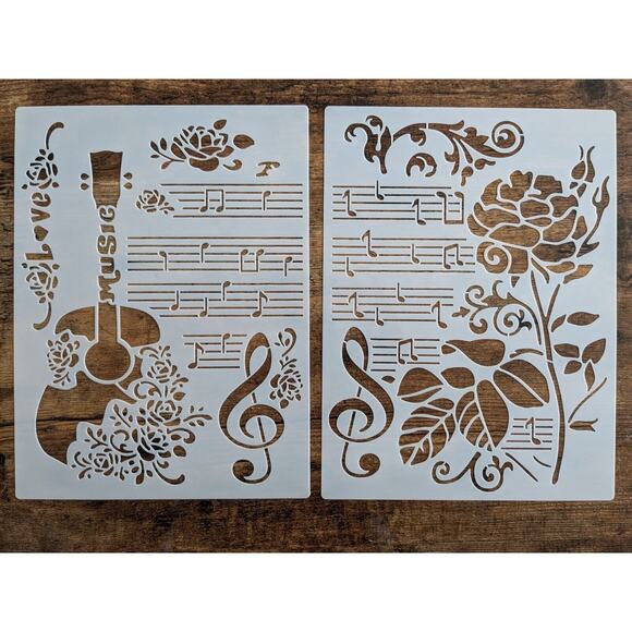 2 pc Guitar Roses Love Music Stencils 8.3" x 11" Piano Keys Layering Reusable - Picture 2 of 4